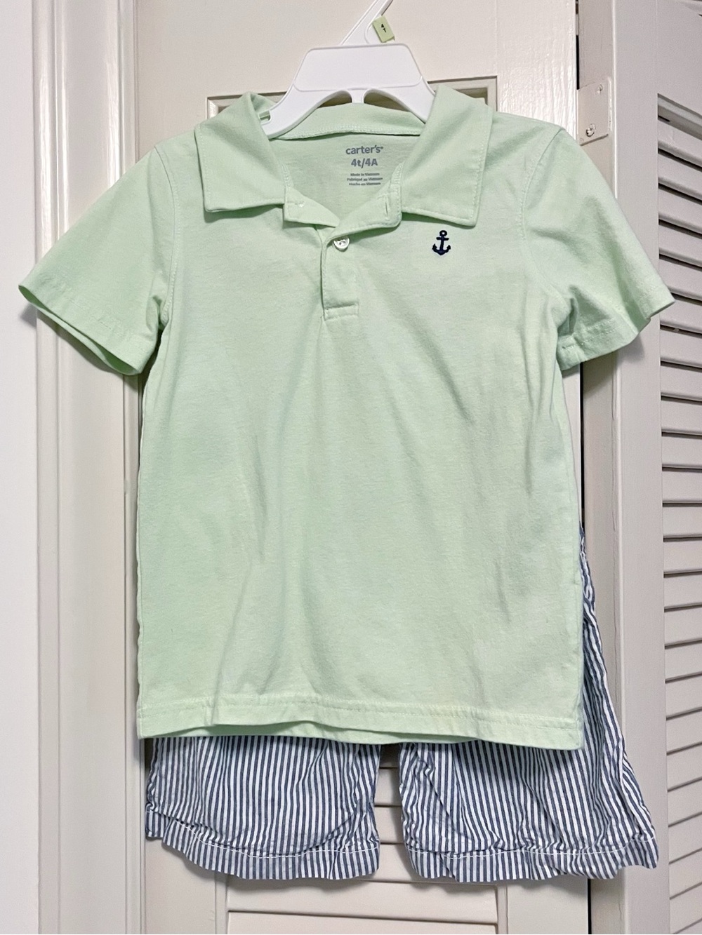 Carter's Mint Green Polo Shirt with Blue & White Striped Shorts